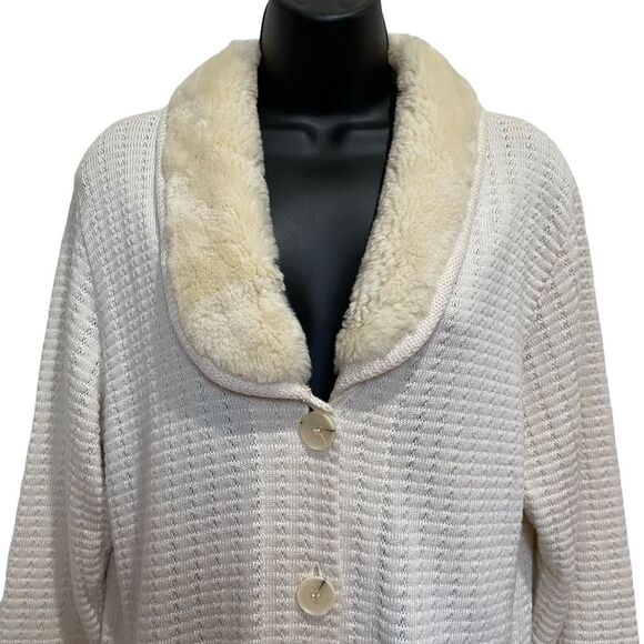 Vintage Maria Lisa Long Line Cardigan Button Front Faux Fur Collar & Cuffs Sz M - Picture 3 of 8